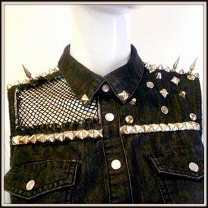 Punk Spiked & Studded Denim Sleeveless Shirt w/ Cuff - One of a Kind - Size SM